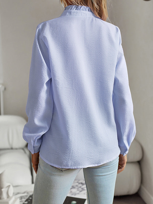 Asymmetric Buttoned Ruffled Striped Long Sleeves Mock Neck Blouses&shirts Tops