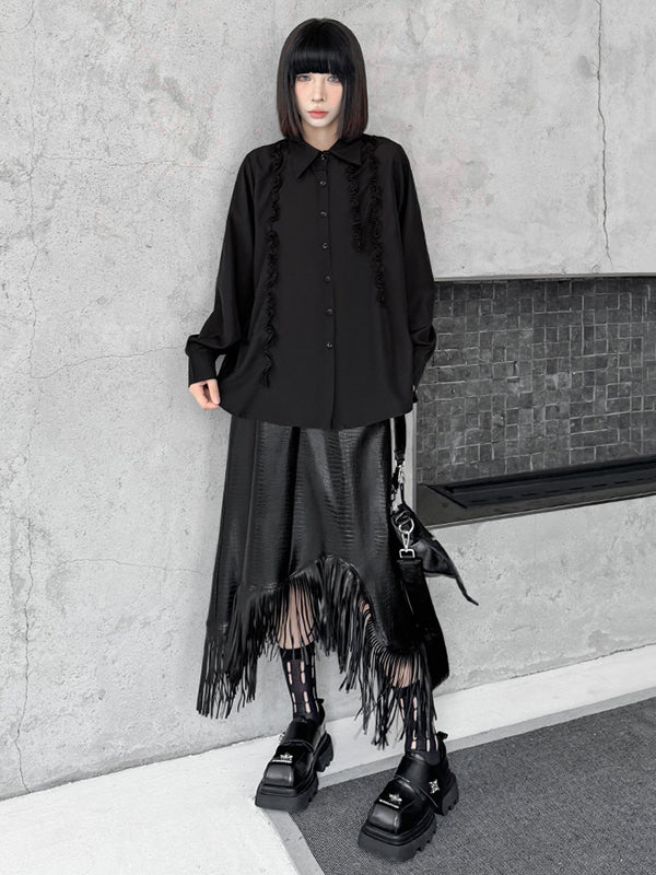 Buttoned Falbala Ruffled Solid Color Split-Joint Hipster Long Sleeves Lapel Blouses&shirts Tops