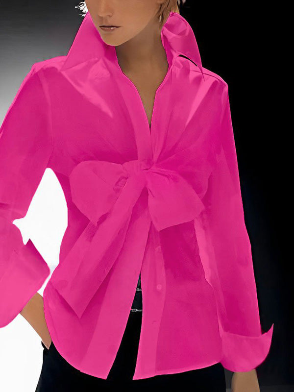 Long Sleeves Bow-Embellished Buttoned Solid Color Lapel Blouses&Shirts Tops