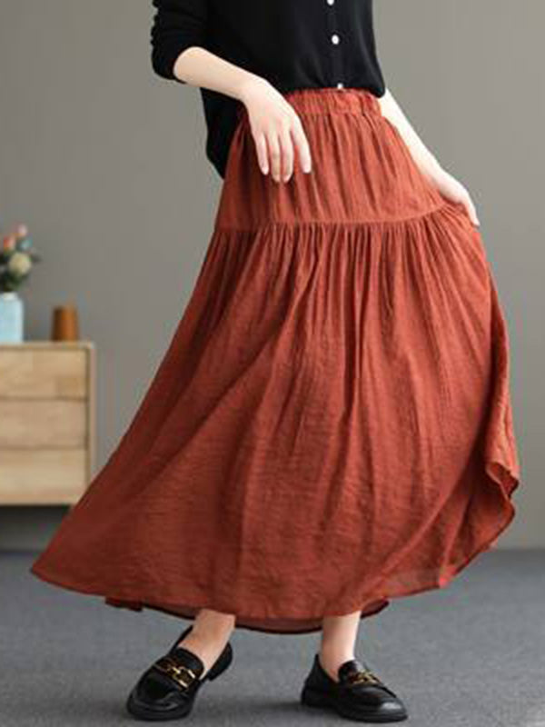 Casual Loose A-Line Pleated Elasticity Split-Joint Solid Color Skirts Bottoms
