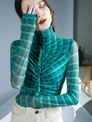 Contrast Color Plaid Pleated Split-Joint Long Sleeves Skinny High-Neck Blouses&Shirts Tops