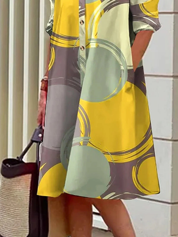 Buttoned Pockets Printed A-Line Long Sleeves Lapel Midi Dresses