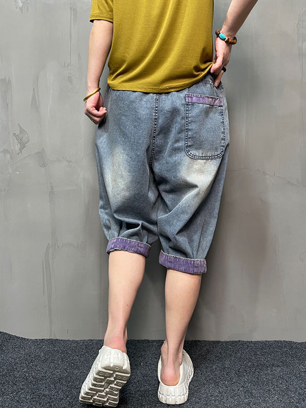 Contrast Color Elasticity Split-Joint Harem Pants Loose Jean Pants Bottoms