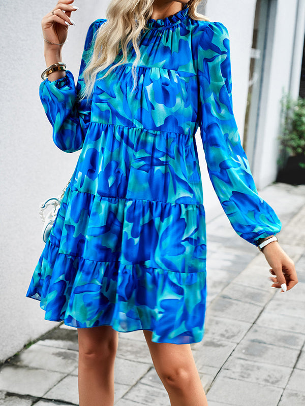 Printed Split-Joint Tied A-Line High Waisted Mock Neck Mini Dresses