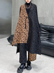 Jacquard A-Line High-Low Asymmetric Contrast Color Vest Top + Elasticity Pants Bottom Two Pieces Set