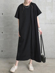 Pleated Solid Color Split-Joint Loose Short Sleeves Round-Neck Midi Dresses