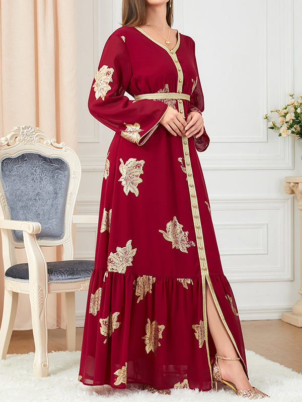 Pleated Printed Split-Front Split-Joint Tied Waist Long Sleeves Loose V-Neck Maxi Dresses