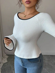 Contrast Color Ribbed Knit Split-Joint Long Sleeves Round-Neck Blouses&Shirts Tops