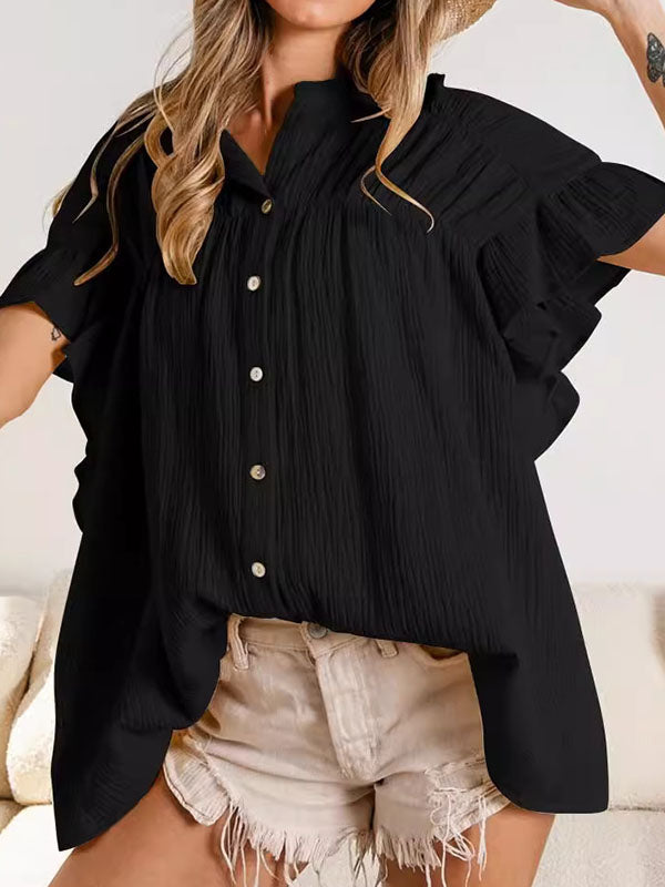 Pleated Split-Joint Batwing Sleeves Loose Round-Neck Blouses&Shirts Tops