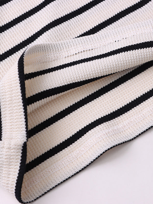 Contrast Color Striped Long Sleeves Skinny Round-Neck T-Shirts Tops