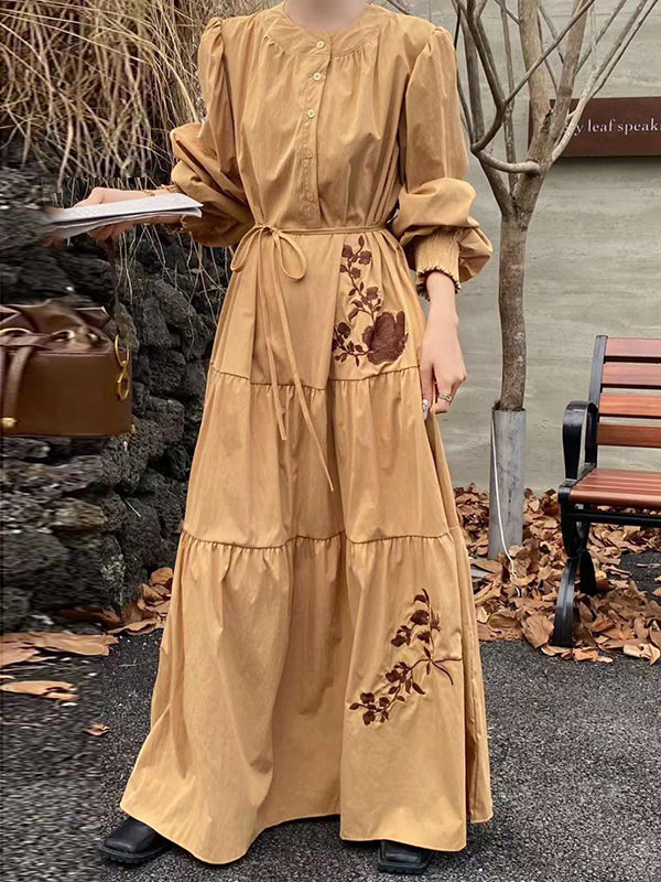 Buttoned Embroidered Pleated Pockets Split-Joint Tied Waist High Waisted Long Sleeves Round-Neck Maxi Dresses