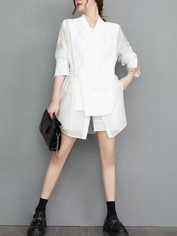 Buttoned Mesh Pockets Solid Color Split-Joint Sun Protection Tied Waist False Two Long Sleeves Notched Collar Outerwear Blazer