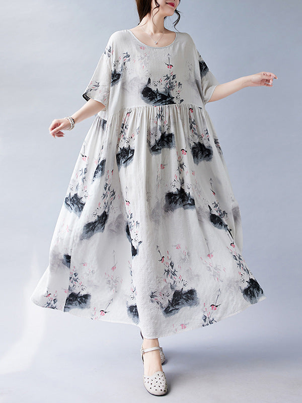 Pleated Printed Split-Joint Loose Short Sleeves Round-neck Midi Dresses