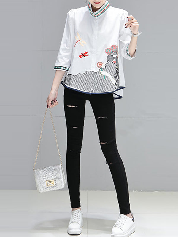 Embroidered Figure Loose Plus Size Stand Collar Blouses&shirts Tops