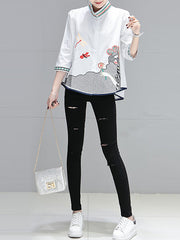 Embroidered Figure Loose Plus Size Stand Collar Blouses&shirts Tops