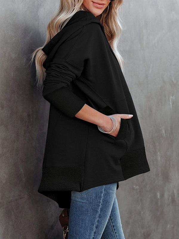 Buttoned Hooded Split-Joint Batwing Sleeves Long Sleeves V-Neck Hoodies Tops