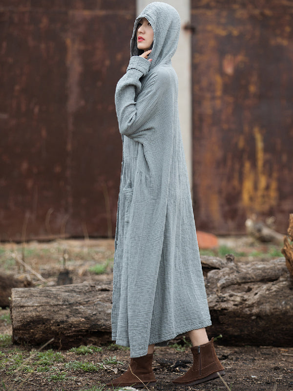 Solid Color Split-Joint Long Sleeves Loose Hooded Outerwear