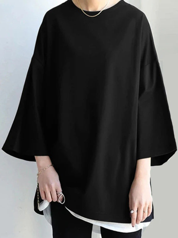 Solid Color Flared Sleeves Long Sleeves Round-Neck T-Shirts Tops