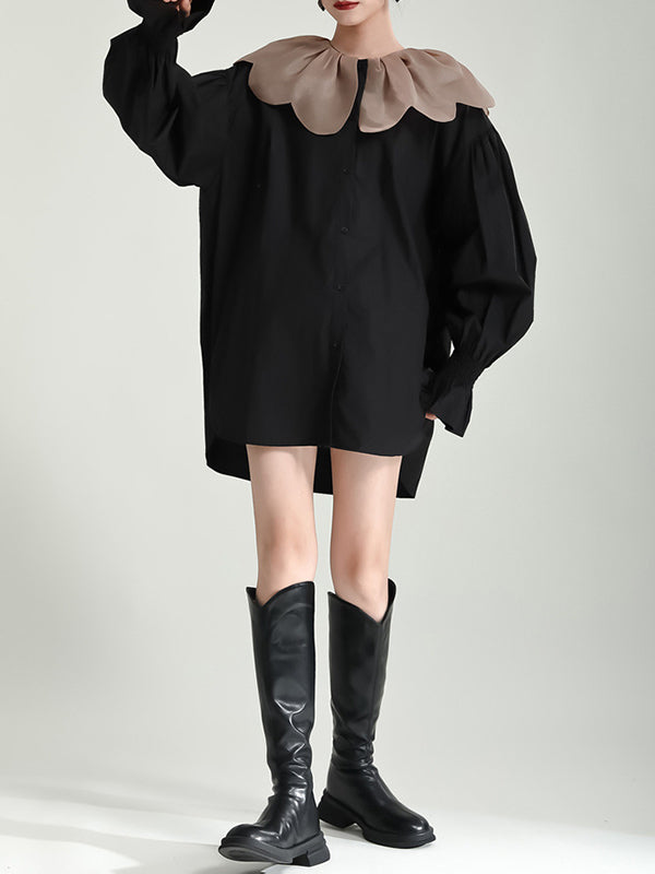 Contrast Color Elasticity Pleated Split-Joint Long Sleeves Loose Peter Pan Collar Blouses