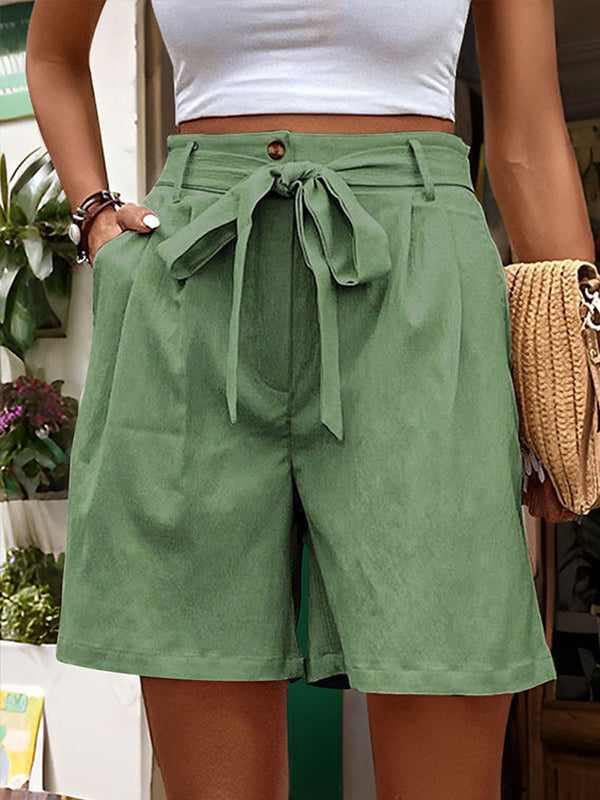 Buttoned Elasticity Pleated Pockets Tied Waist High Waisted Loose Shorts Bottoms