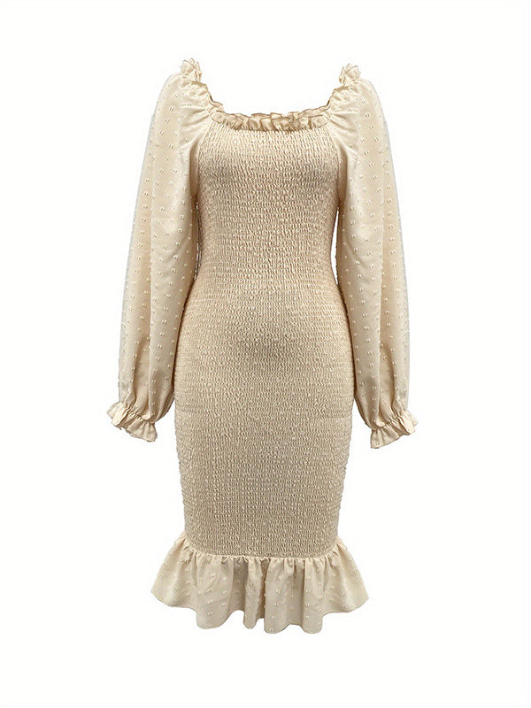 Elasticity Pleated Ruffle Trim Solid Color Bodycon Long Sleeves Square-Neck Midi Dresses