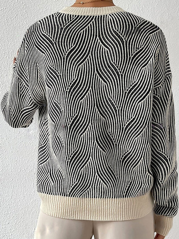 Contrast Color Split-Joint Striped Long Sleeves Loose Round-Neck Sweater Tops Pullovers