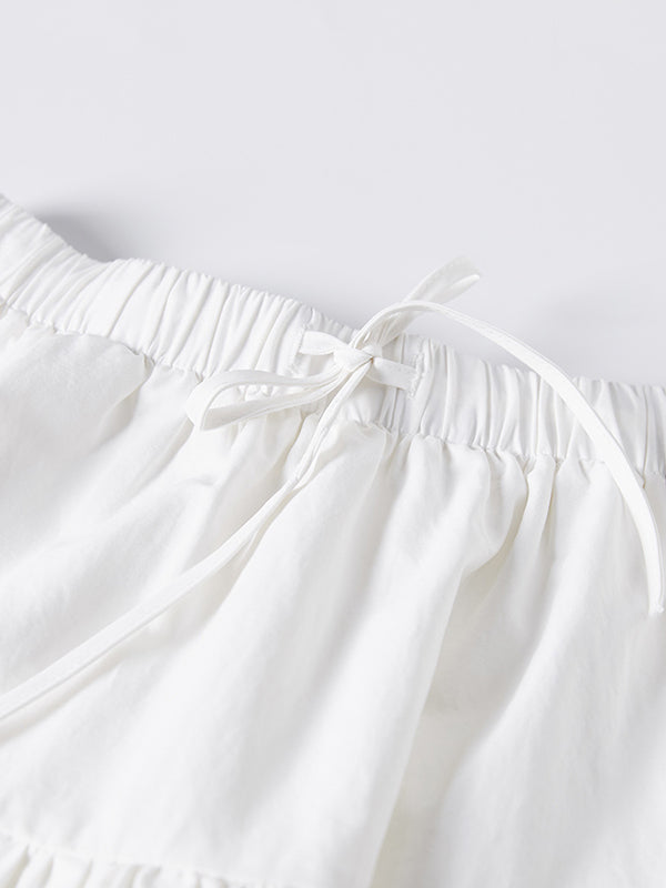 Drawstring Elasticity Pleated See-Through Solid Color Split-Joint A-Line Loose Skirts