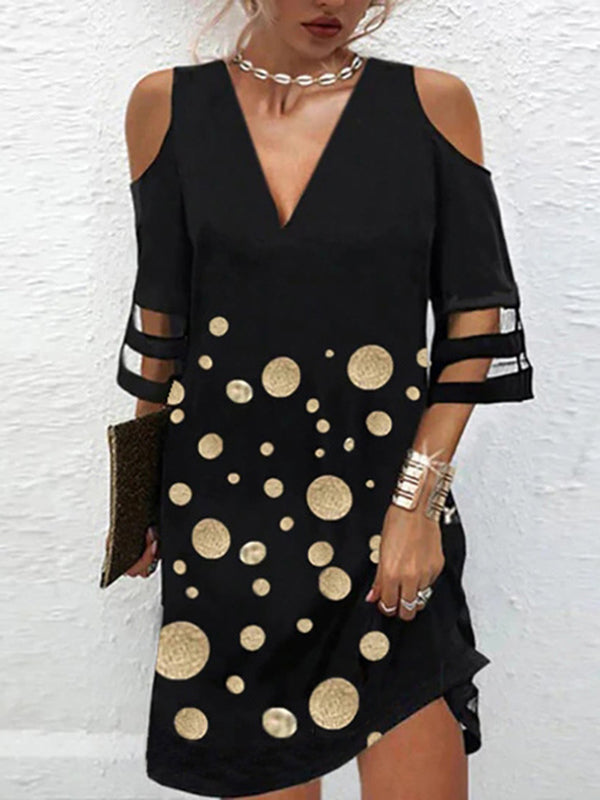 Hollow Mesh Polka-Dot Split-Joint Half Sleeves Loose Cold Shoulder Mini Dresses