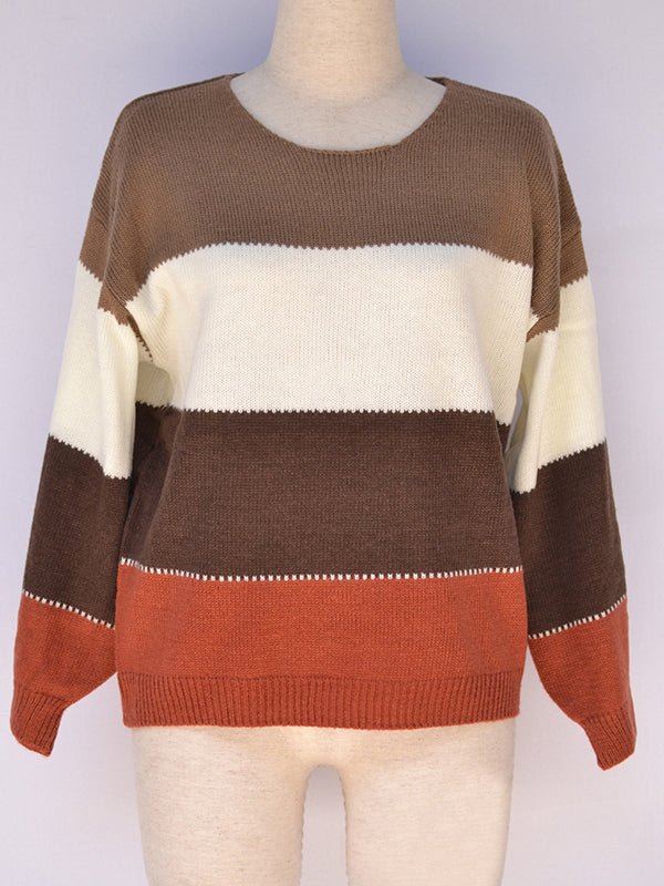 Contrast Color Split-Joint Striped Long Sleeves Loose Round-Neck Sweater Tops Pullovers