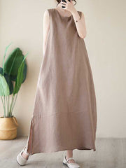 Solid Color A-Line Loose Round-Neck Midi Dresses
