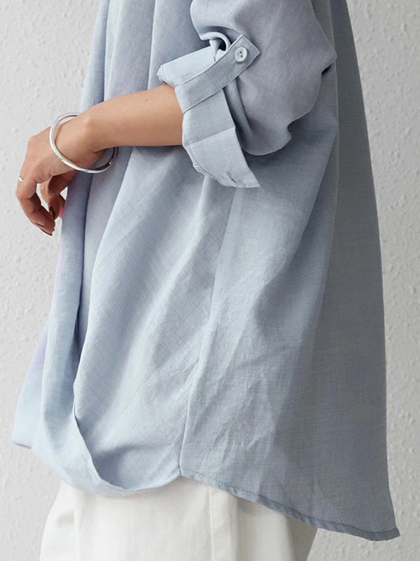 Loose Ramie Cotton Asymmetric Solid Color Blouse Top