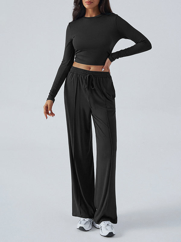 Round-Neck Long Sleeves Loose Solid Color T-shirt Top + Drawstring Elasticity Pockets Pants Bottom Two Pieces Set