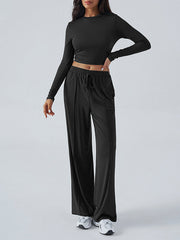 Round-Neck Long Sleeves Loose Solid Color T-shirt Top + Drawstring Elasticity Pockets Pants Bottom Two Pieces Set