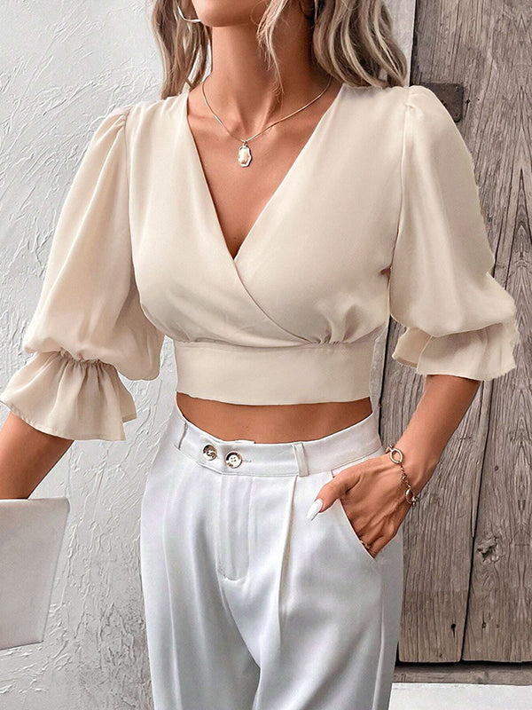 Elasticity Hollow Ruffled Solid Color Tied Half Sleeves Loose V-Neck Blouses&Shirts Tops