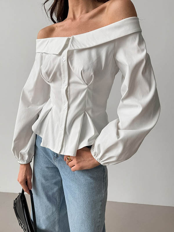 Buttoned Elasticity Pockets Solid Color Long Sleeves Loose Off-The-Shoulder Blouses&Shirts Tops