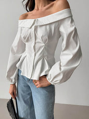 Buttoned Elasticity Pockets Solid Color Long Sleeves Loose Off-The-Shoulder Blouses&Shirts Tops