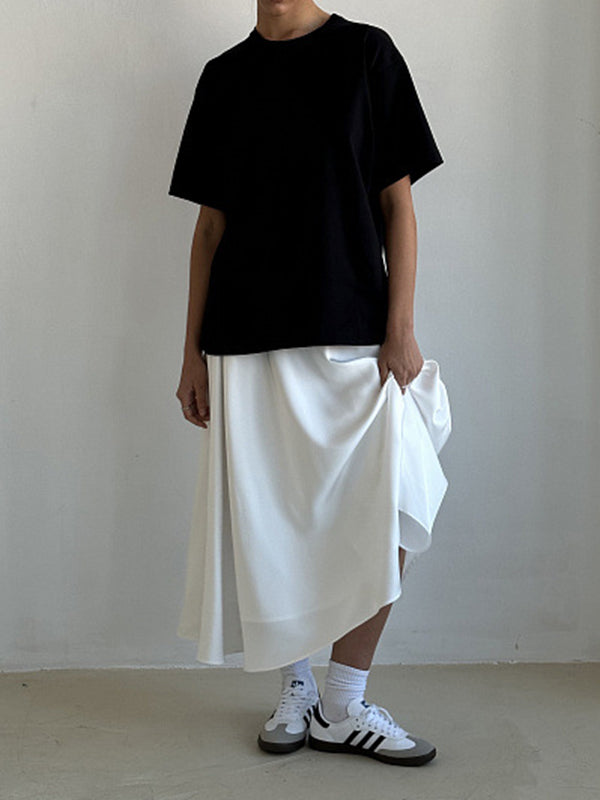 Elasticity Pleated Solid Color A-line High Waisted Skirts