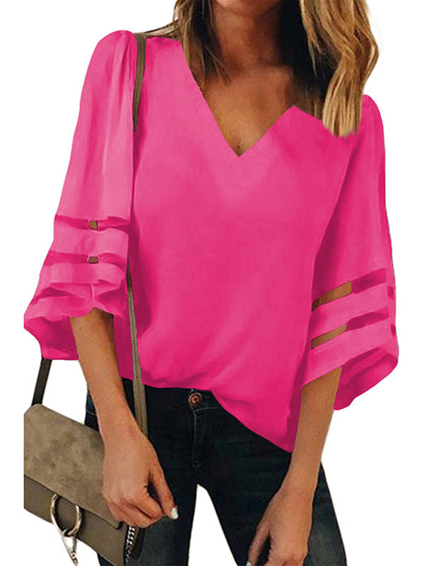 Solid Color Split-Joint Loose V-Neck T-Shirts Tops