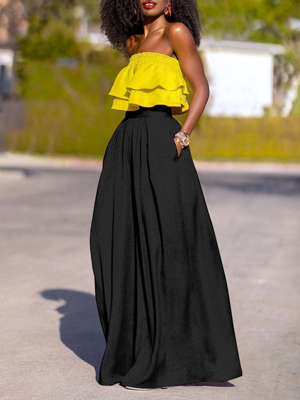 Pleated Pockets Shiny Solid Color High Waisted Loose Trousers Pants