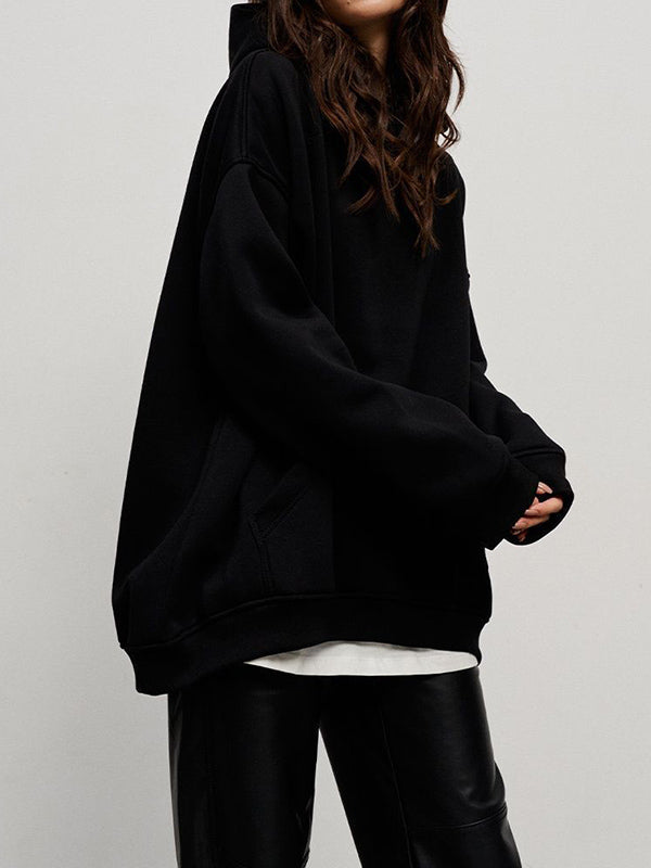 Pockets Solid Color Velvet Long Sleeves Loose Hooded Hoodies Tops