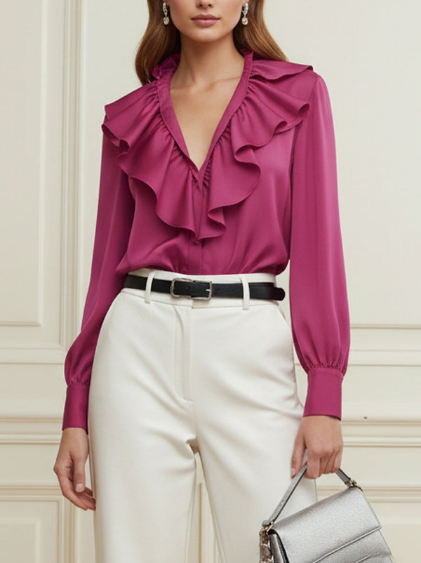 Ruffle Trim Solid Color Long Sleeves Loose V-Neck Blouses&Shirts Tops