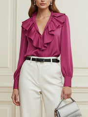 Ruffle Trim Solid Color Long Sleeves Loose V-Neck Blouses&Shirts Tops