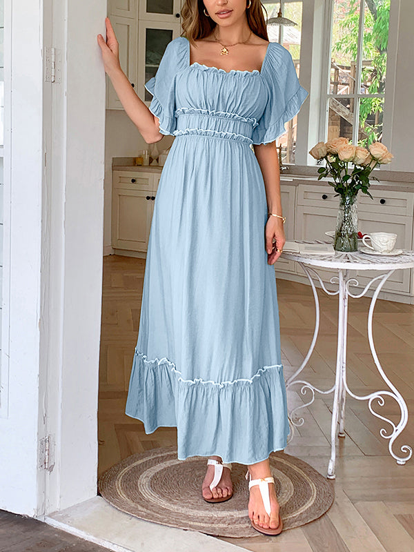 Pleated Ruffle Trim Split-Joint Zipper A-Line High Waisted Square-Neck Midi Dresses
