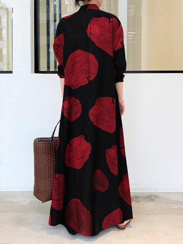 Printed Split-Joint Long Sleeves Loose Lapel Shirt Dress Maxi Dresses