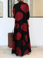 Printed Split-Joint Long Sleeves Loose Lapel Shirt Dress Maxi Dresses