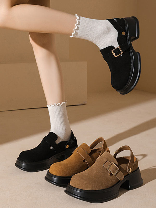 Belt Buckle Round-Toe Shallow Cut Split-Joint Platform Shoes Mary Janes