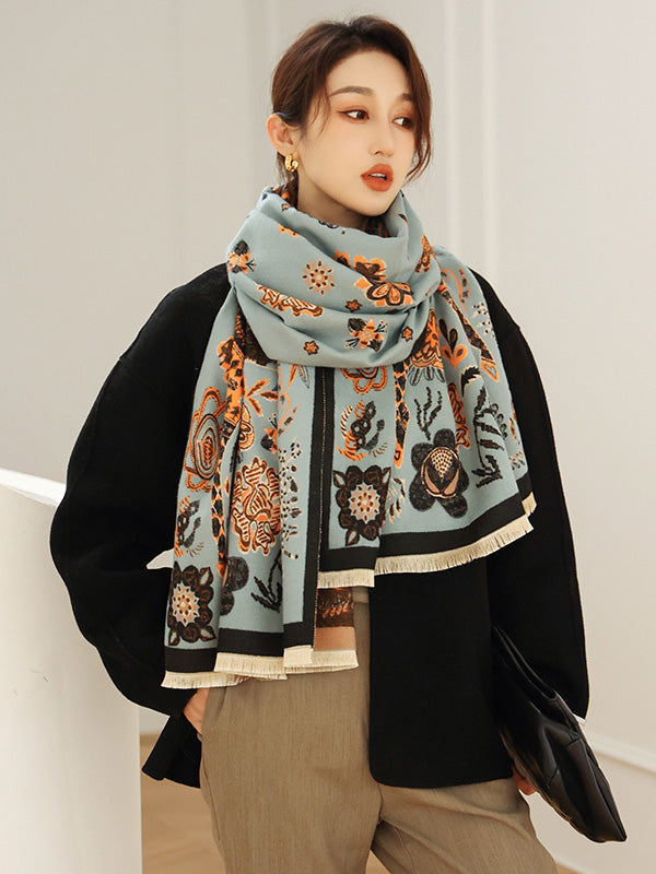 Vintage Knitting Tasseled Jacquard Imitated Cashmere Scarf Shawl