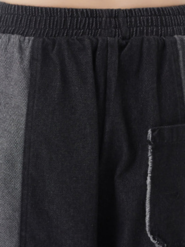 Contrast Color Elasticity Fringed Split-Joint High Waisted Loose Jean Pants Bottoms