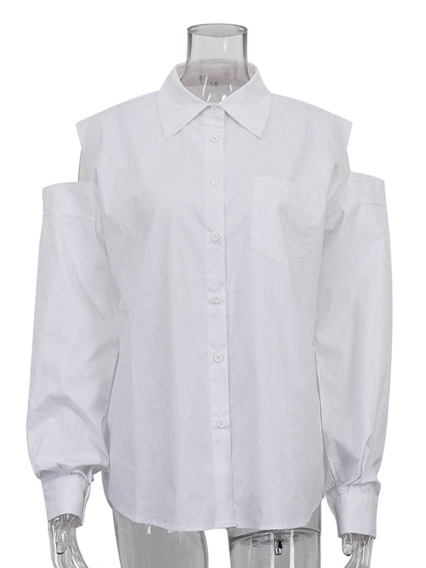 Buttoned Fringed Hollow Pockets Solid Color Split-Joint Long Sleeves Loose Lapel Blouses&Shirts Tops