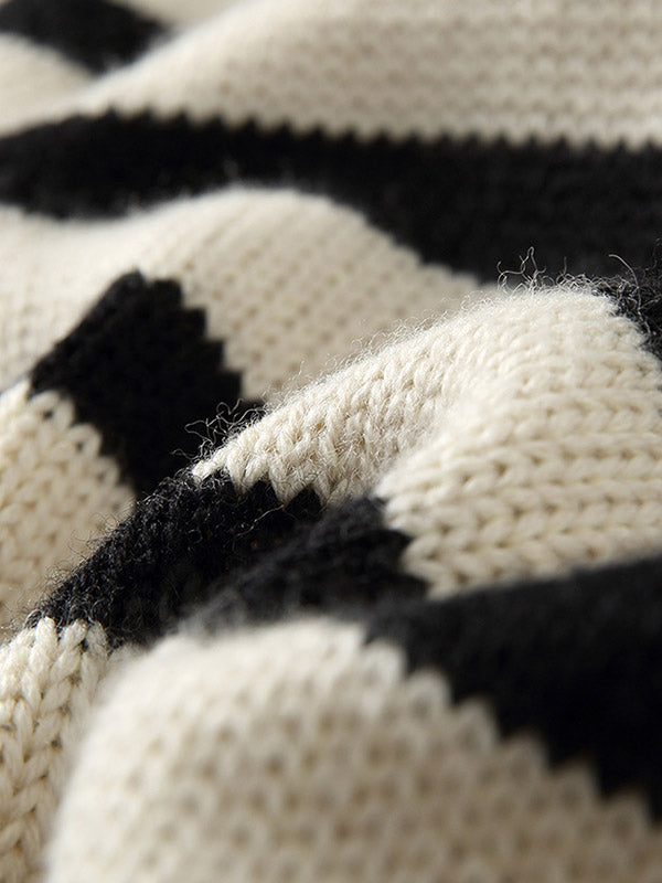 Contrast Color Pleated Split-Joint Split-Side Striped Patterns Long Sleeves Loose High Neck Sweater Tops
